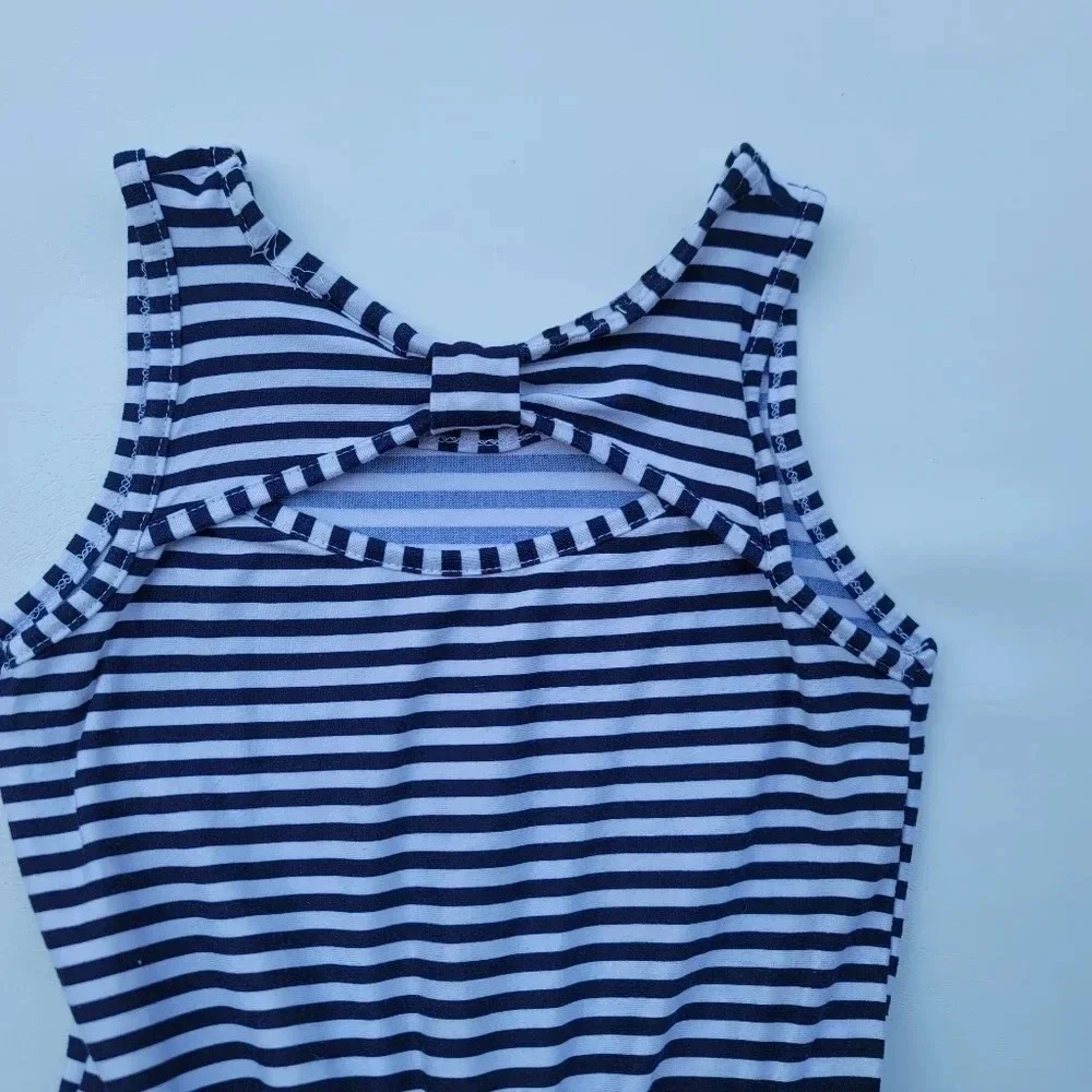 Picapino Girls Stripped Romper Sleeveless Drawstring Waist Navy White sz 4